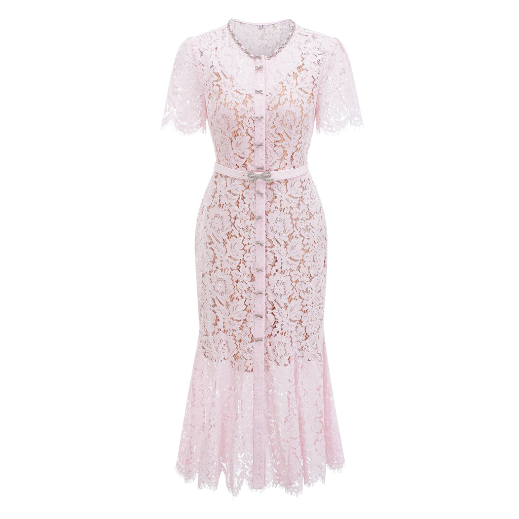 PINK LACE BOW TRIM MIDI DRESS