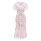 PINK LACE BOW TRIM MIDI DRESS