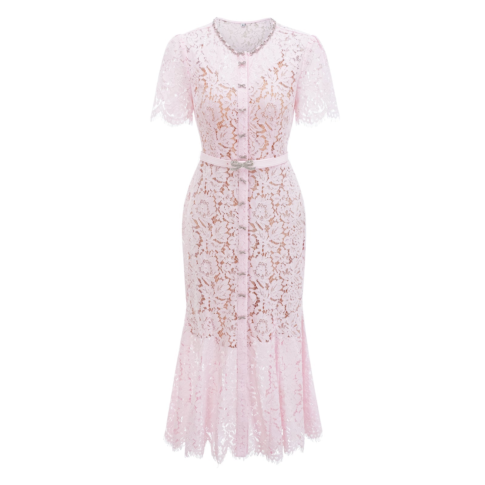 PINK LACE BOW TRIM MIDI DRESS