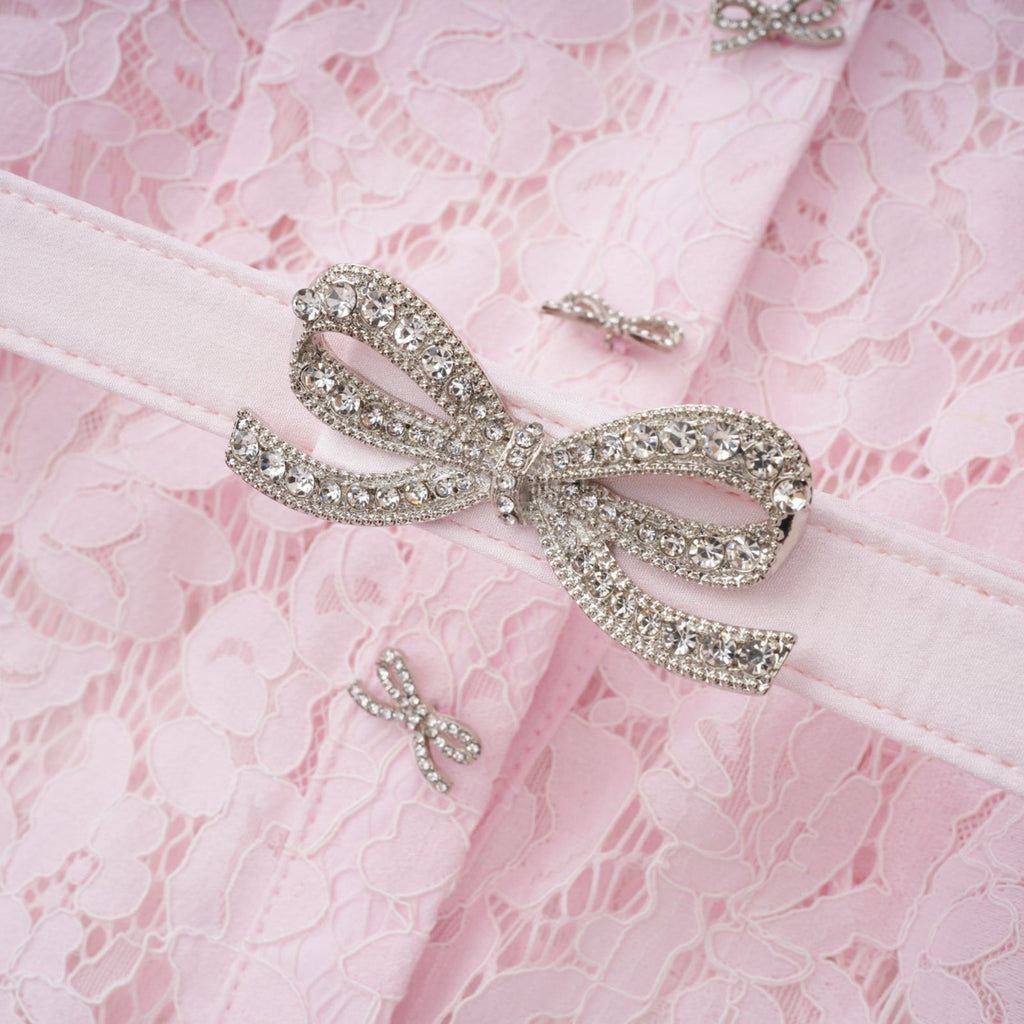 PINK LACE BOW TRIM MIDI DRESS