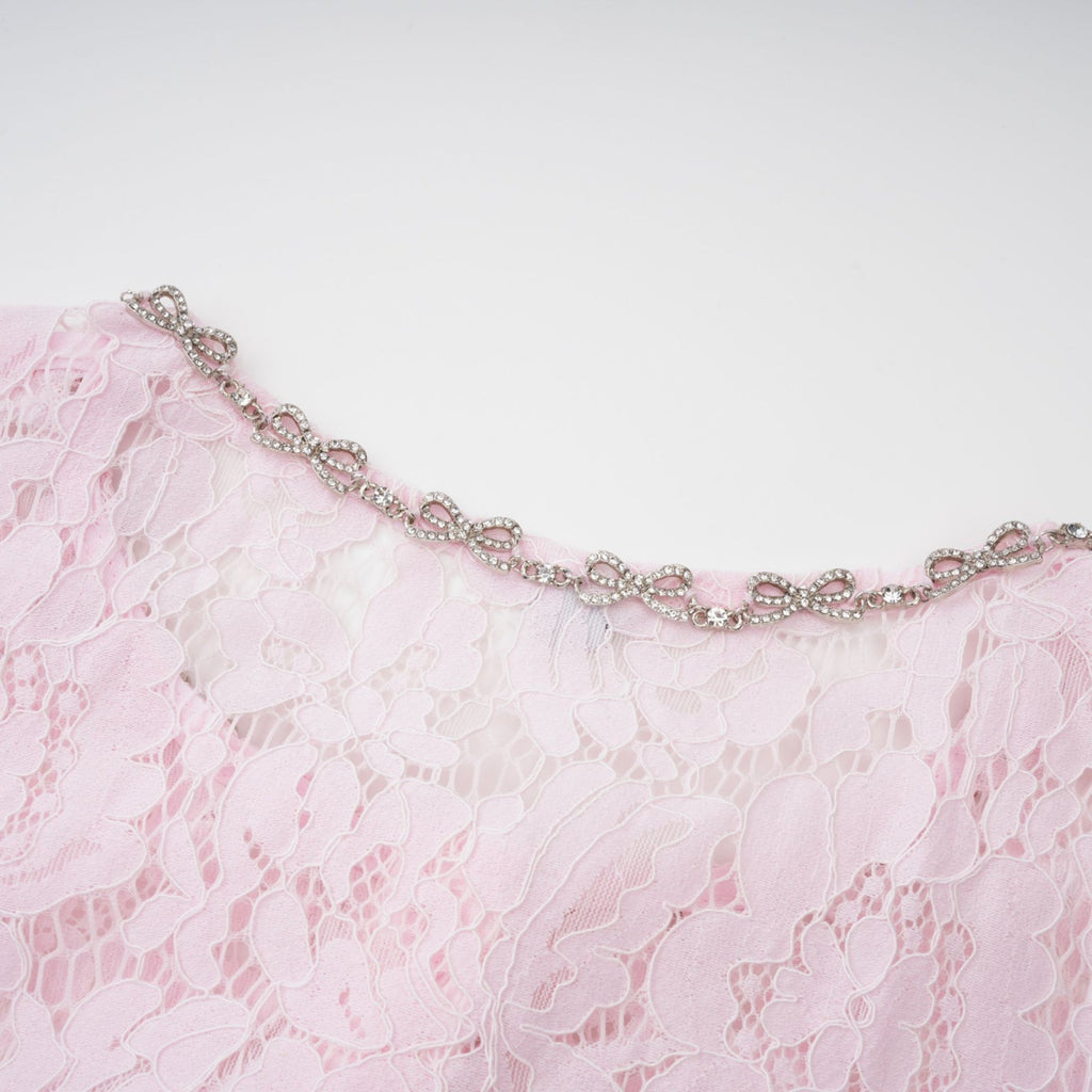 PINK LACE BOW TRIM MIDI DRESS