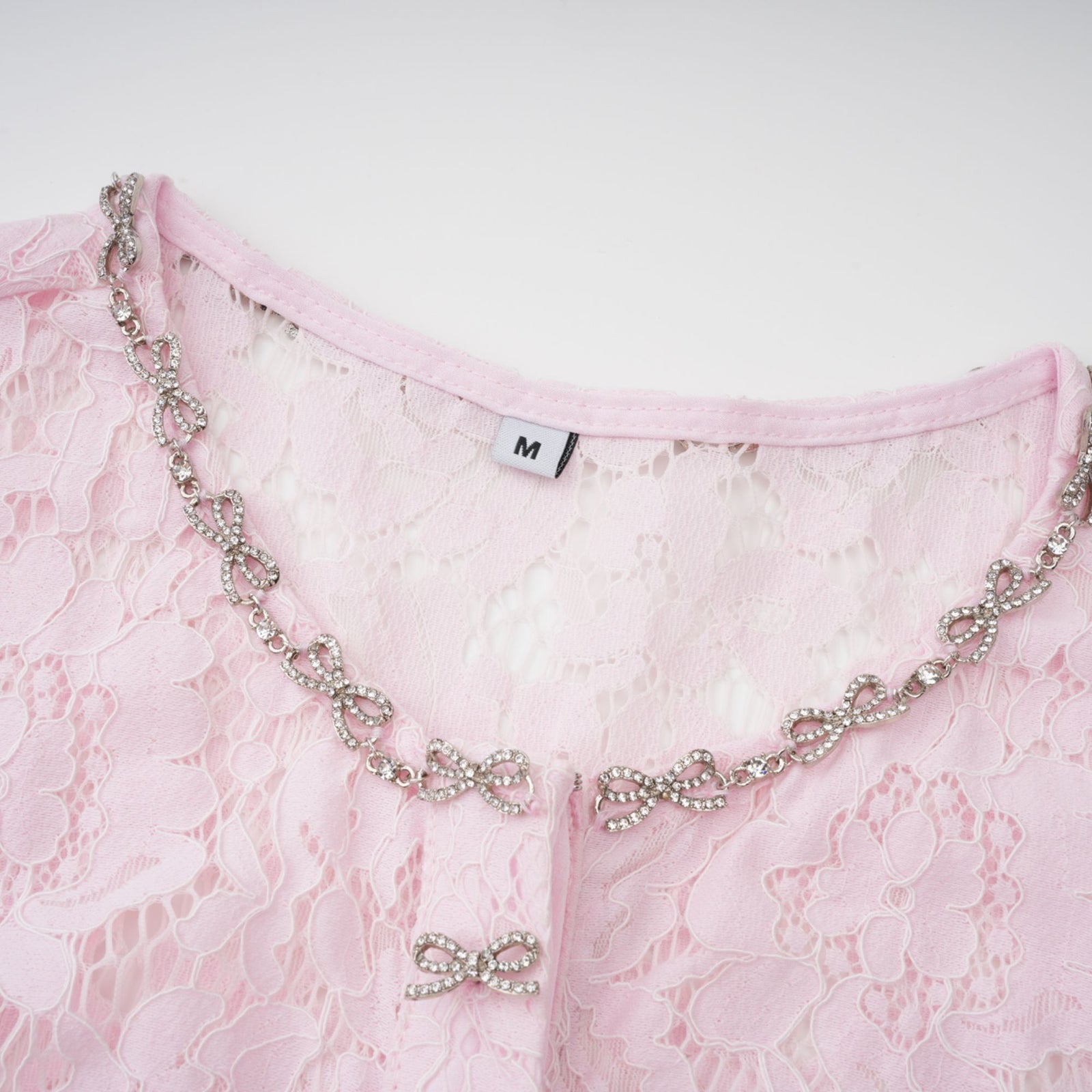 PINK LACE BOW TRIM MIDI DRESS