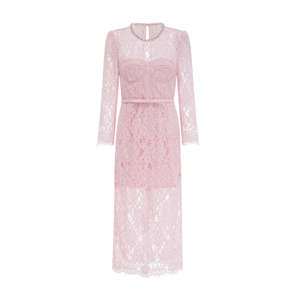 PINK LACE BUSTIER MIDI DRESS
