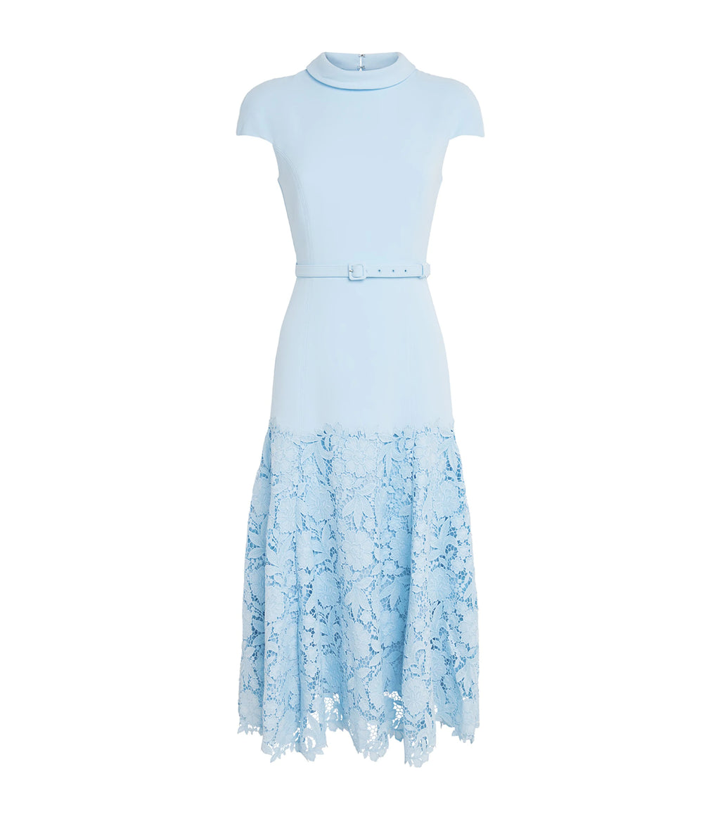 BLUE CREPE LACE MIDI DRESS