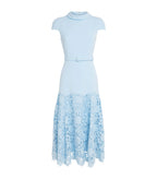 BLUE CREPE LACE MIDI DRESS