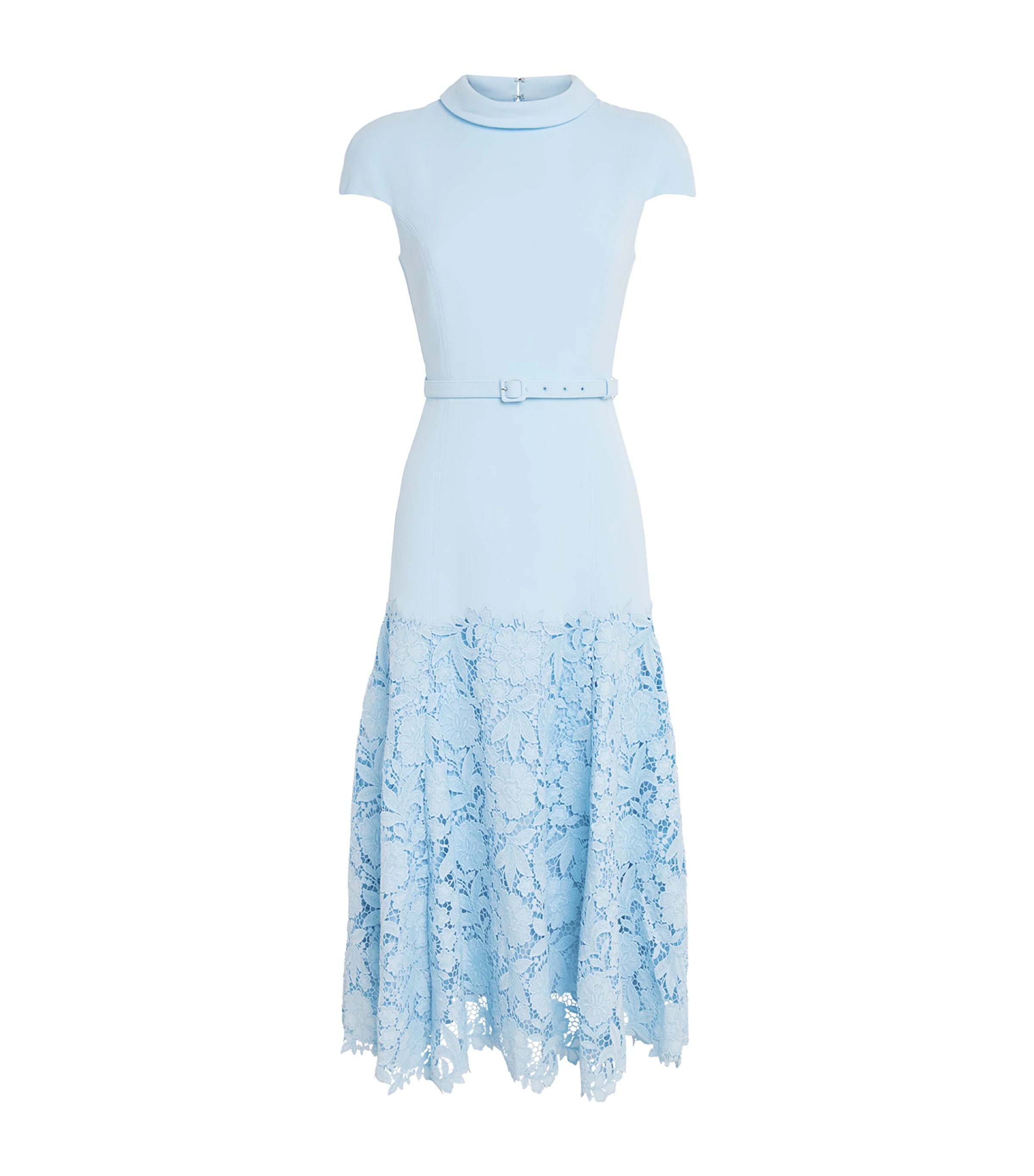 BLUE CREPE LACE MIDI DRESS