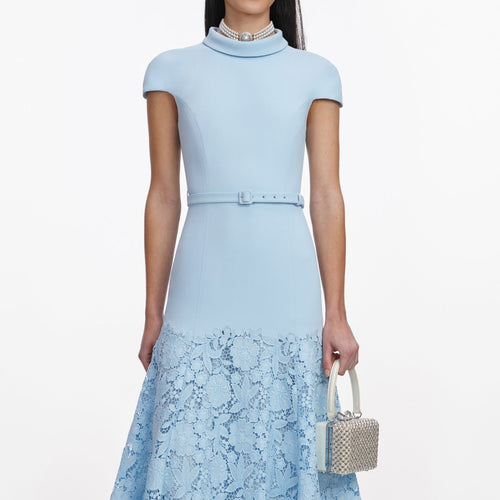 BLUE CREPE LACE MIDI DRESS