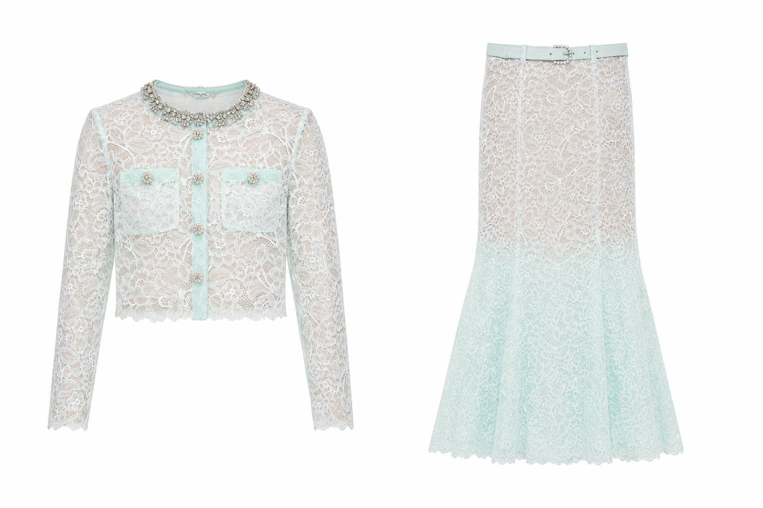 MINT LACE MIDI SKIRT & MINT LACE CRYSTAL EMBELLISHED JACKET