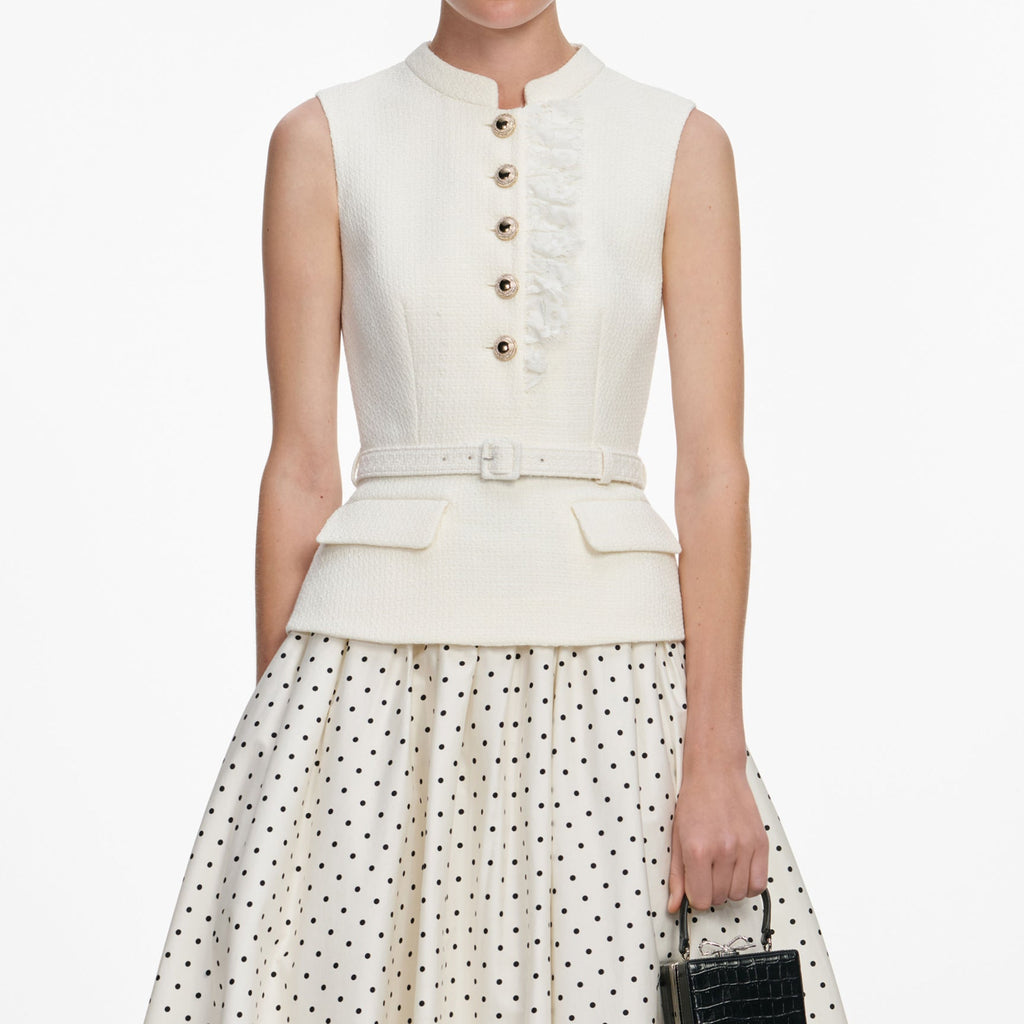 CREAM BOUCLE POLKA DOT MIDI DRESS
