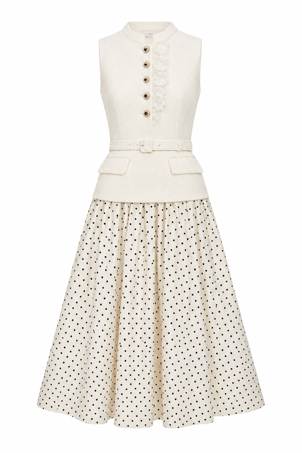 CREAM BOUCLE POLKA DOT MIDI DRESS