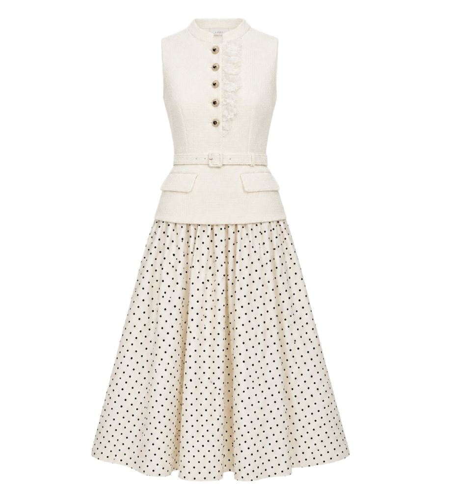 CREAM BOUCLE POLKA DOT MIDI DRESS