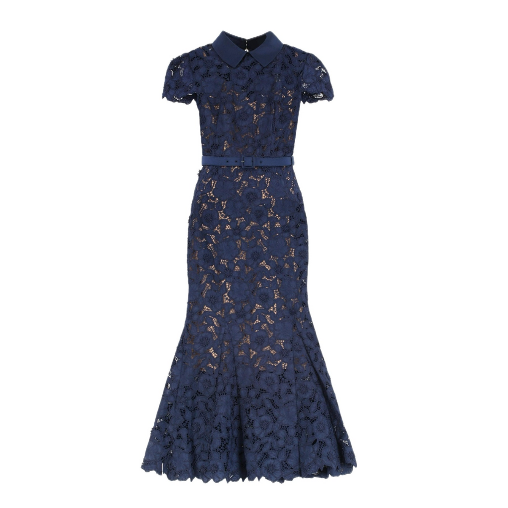 NAVY GUIPURE LACE MIDI DRESS