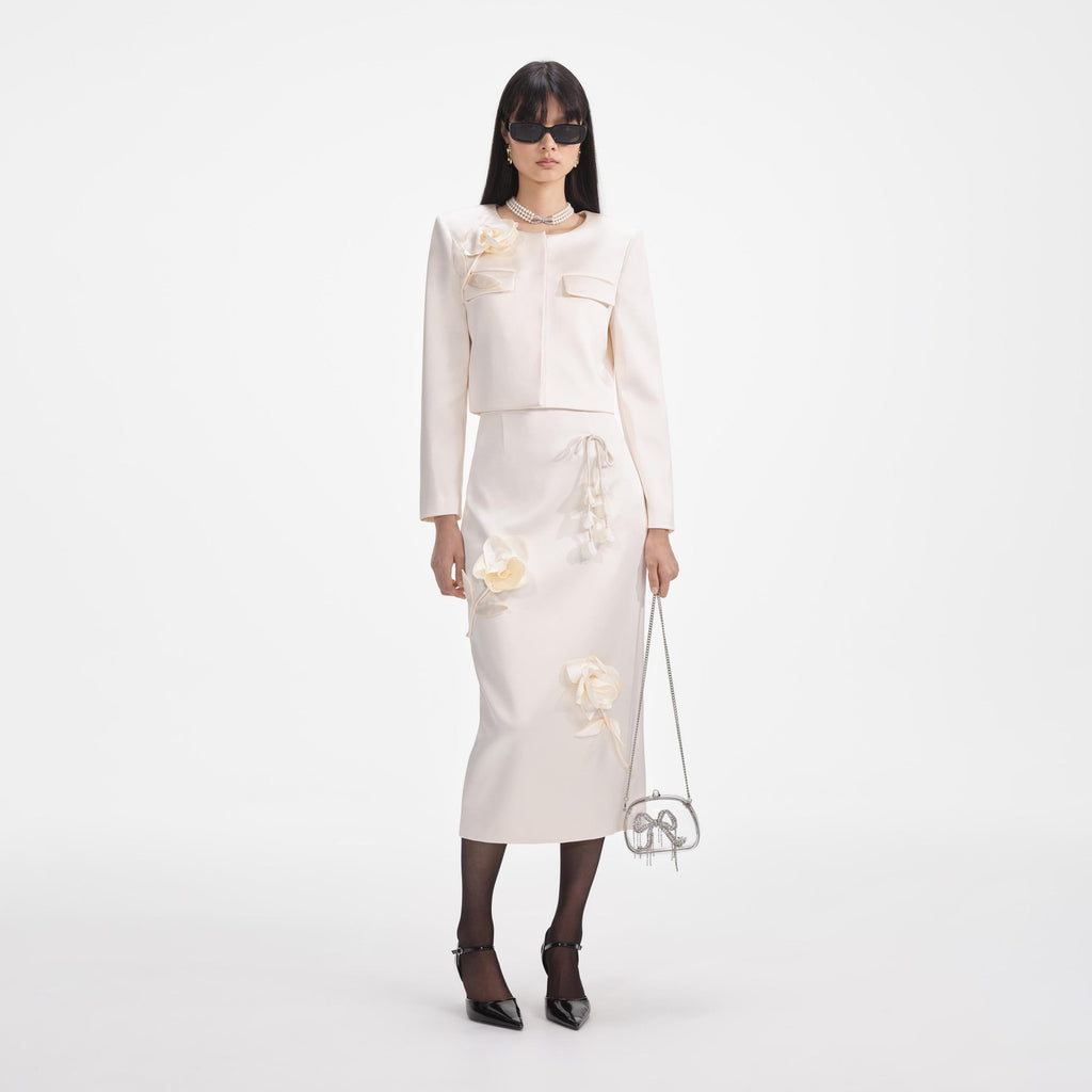 Cream 3D Flower Satin Jacket & skirt