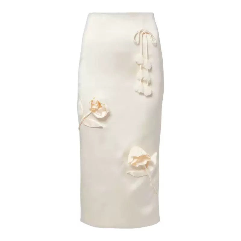 Cream 3D Flower Satin Jacket & skirt