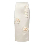 Cream 3D Flower Satin Jacket & skirt