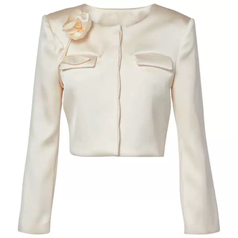 Cream 3D Flower Satin Jacket & skirt