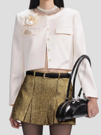 Cream 3D Flower Satin Jacket & skirt