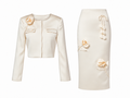 Cream 3D Flower Satin Jacket & skirt