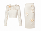 Cream 3D Flower Satin Jacket & skirt