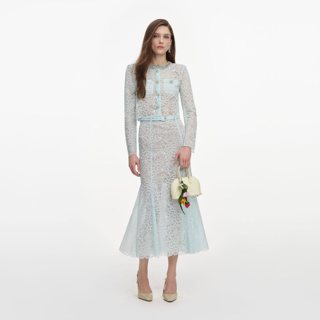 MINT LACE MIDI SKIRT & MINT LACE CRYSTAL EMBELLISHED JACKET