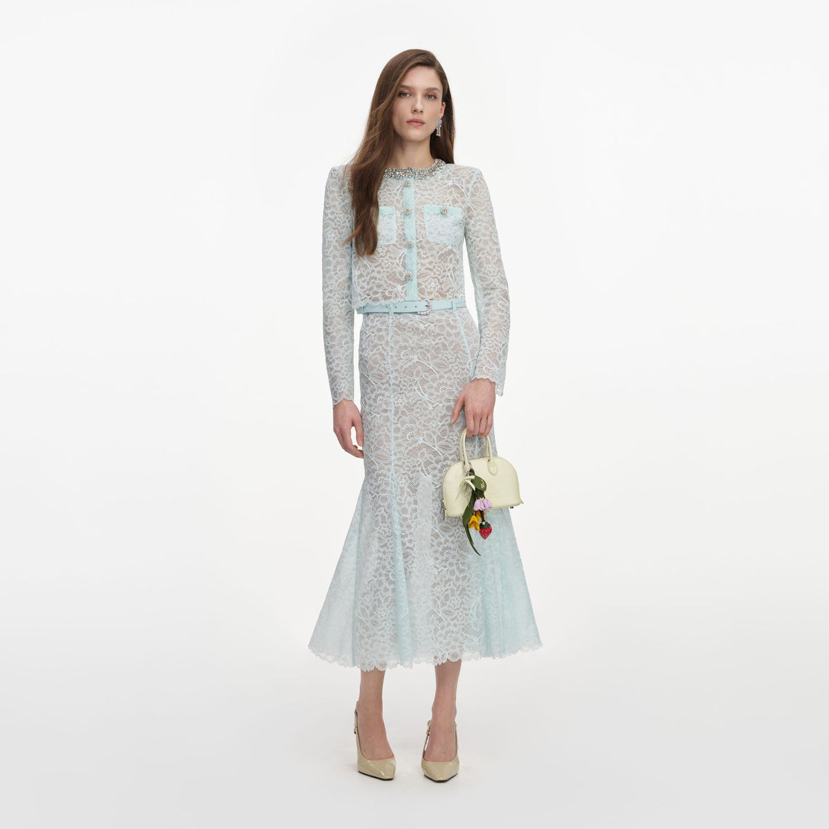 MINT LACE MIDI SKIRT & MINT LACE CRYSTAL EMBELLISHED JACKET