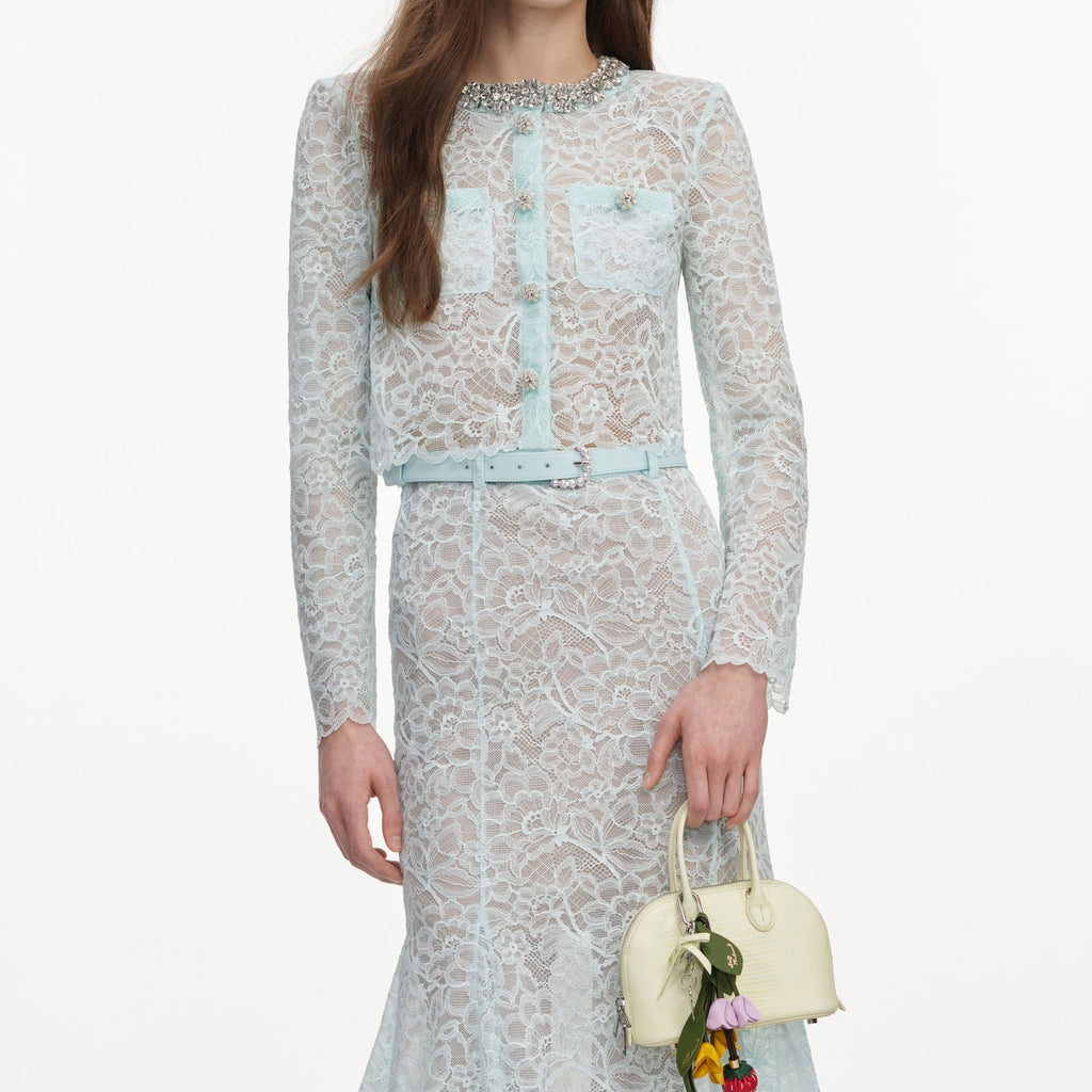 MINT LACE MIDI SKIRT & MINT LACE CRYSTAL EMBELLISHED JACKET