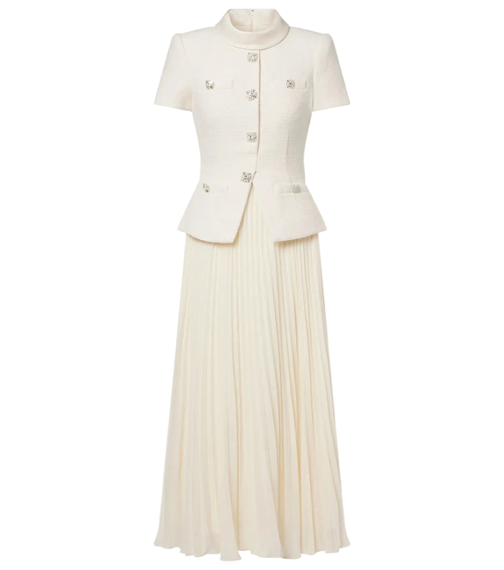CREAM BOUCLÉ COLLARED MIDI DRESS