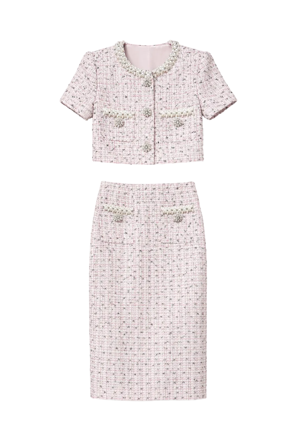 Pink Bouclé Pearl Midi Skirt & Top Set