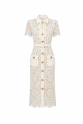 Floral Guipure Bow-Collar Belted Midi Dress