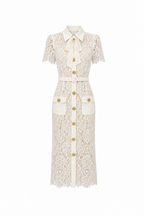 Floral Guipure Bow-Collar Belted Midi Dress