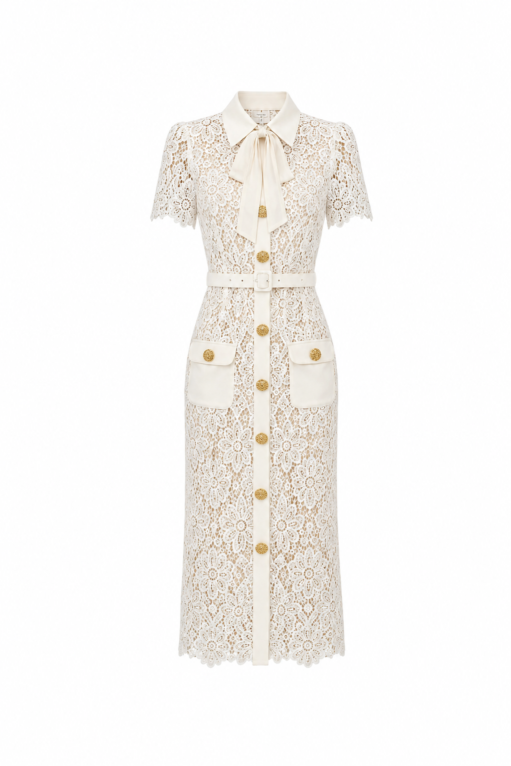 Floral Guipure Bow-Collar Belted Midi Dress