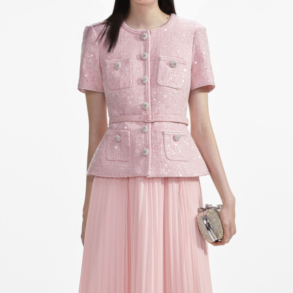 PINK BOUCLÉ SEQUIN MIDI DRESS