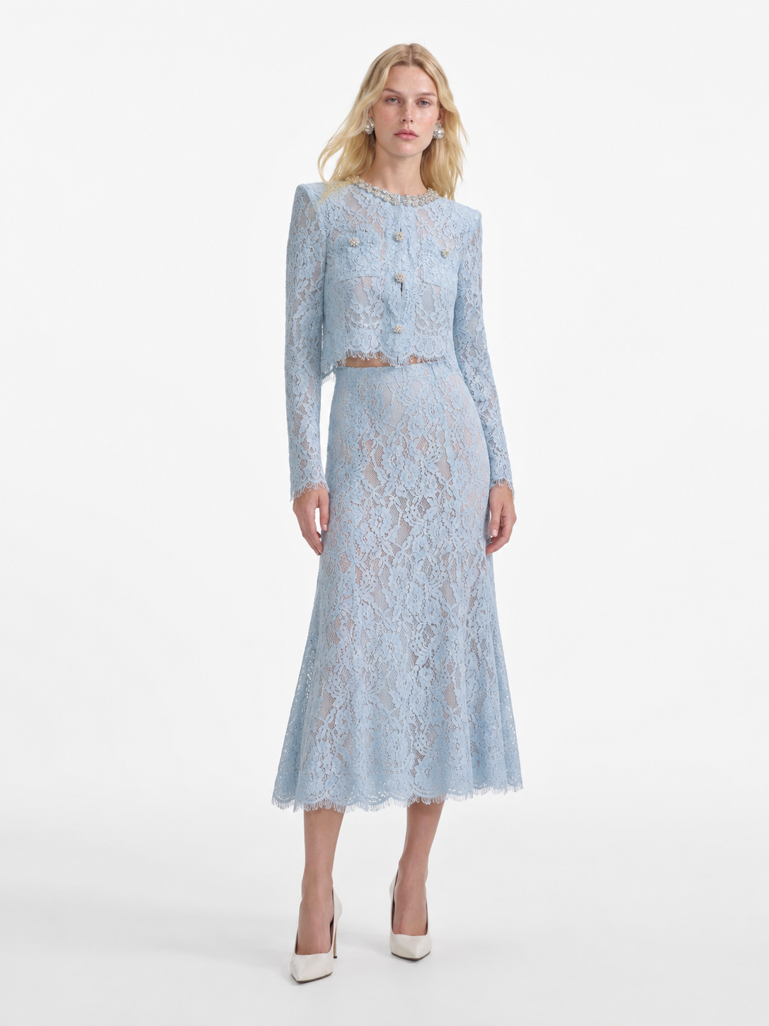 BLUE LACE EMBELLISHED TOP AND MIDI SKIRT