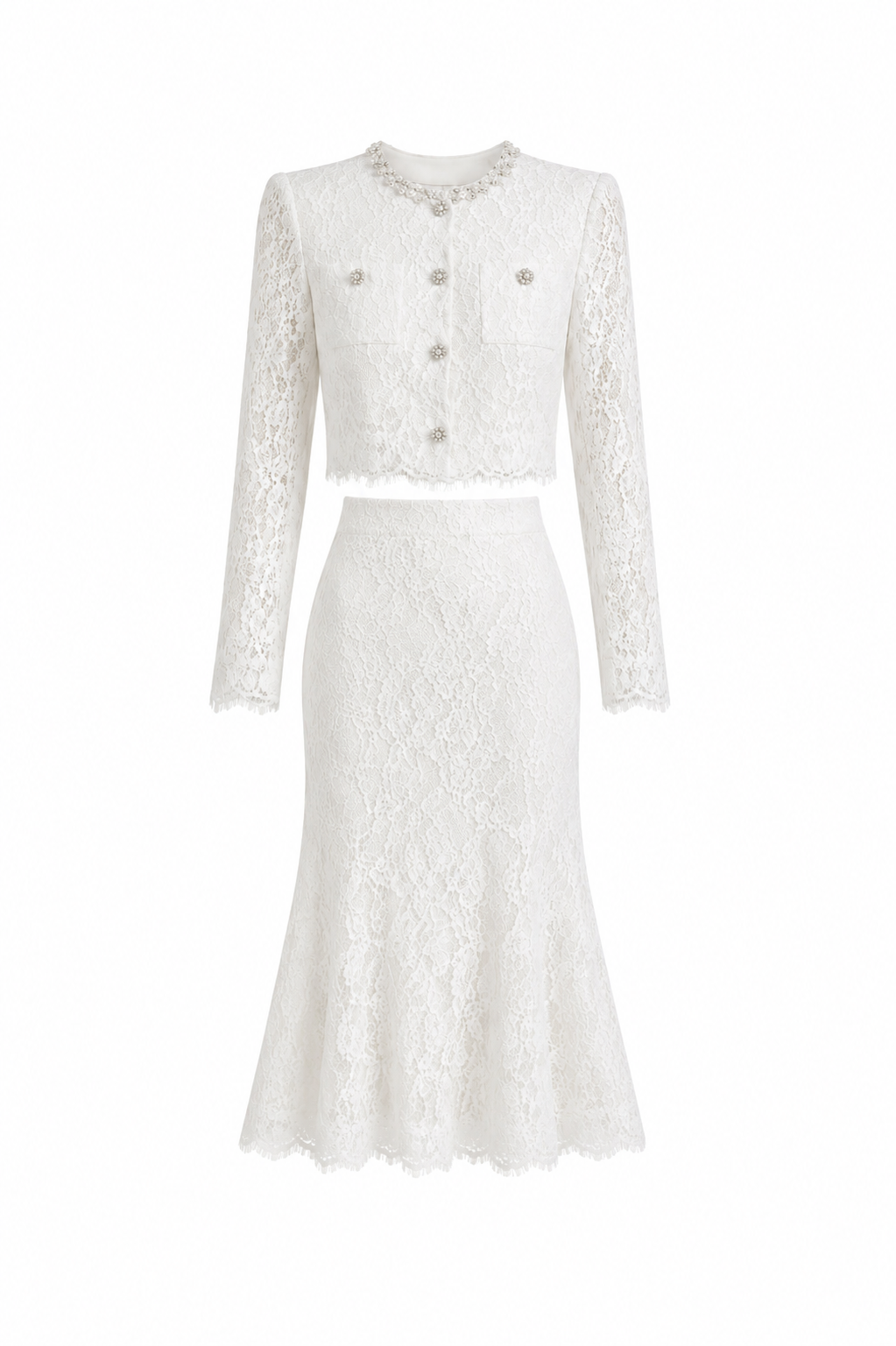 WHITE LACE EMBELLISHED TOP AND MIDI SKIRT