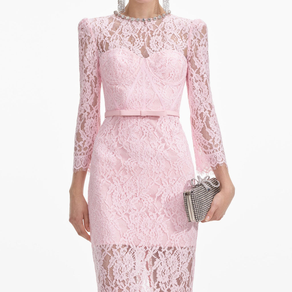 PINK LACE BUSTIER MIDI DRESS