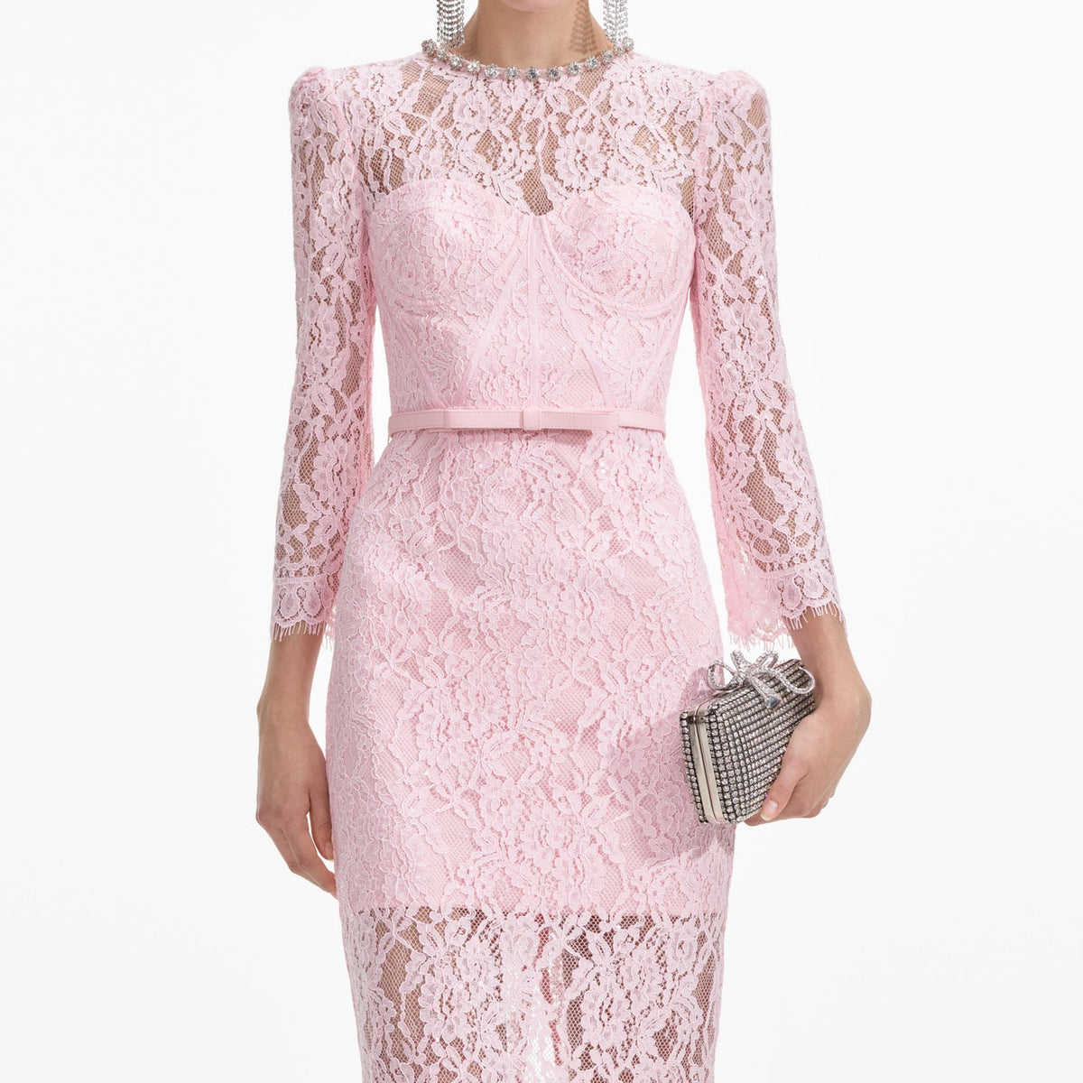 PINK LACE BUSTIER MIDI DRESS