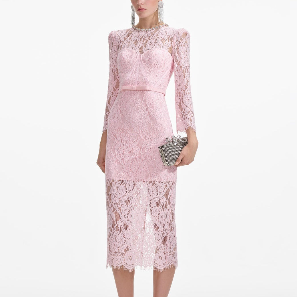 PINK LACE BUSTIER MIDI DRESS