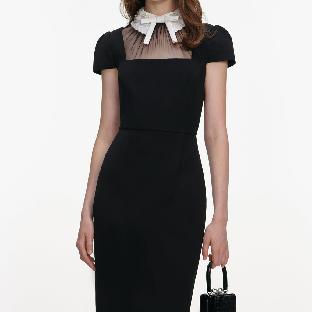 BLACK CREPE BOW COLLAR MIDI DRESS