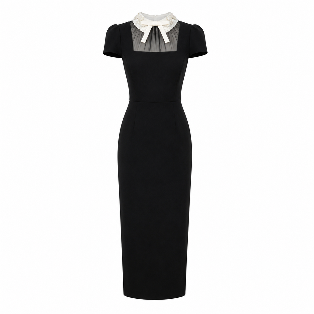 BLACK CREPE BOW COLLAR MIDI DRESS