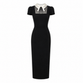 BLACK CREPE BOW COLLAR MIDI DRESS