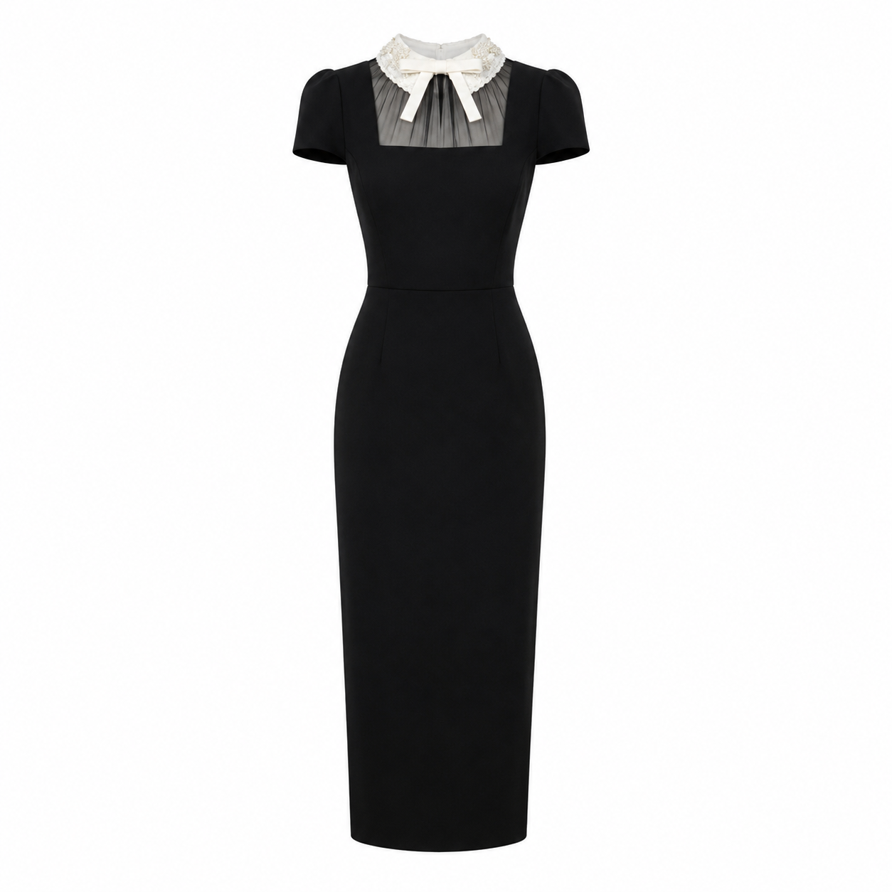 BLACK CREPE BOW COLLAR MIDI DRESS