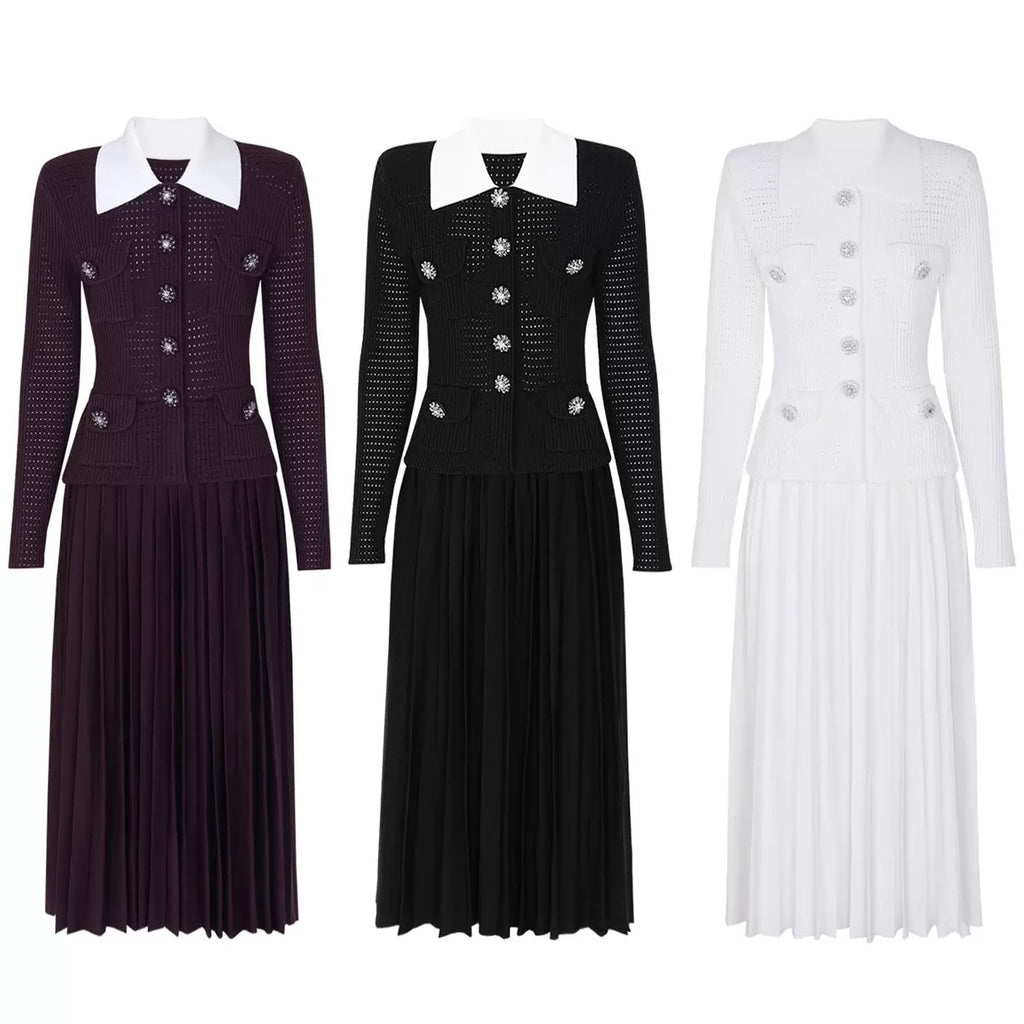 OPEN-KNIT DRESS WITH PLEATED MIDI SKIRT