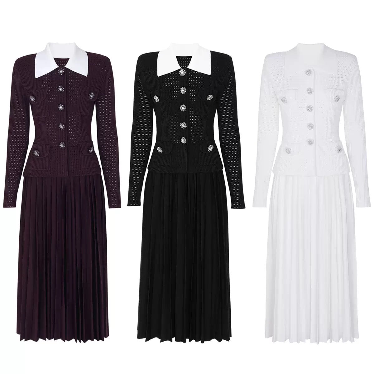 OPEN-KNIT DRESS WITH PLEATED MIDI SKIRT