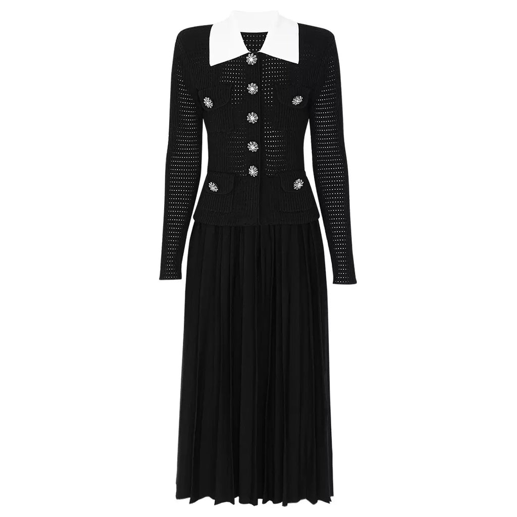 OPEN-KNIT DRESS WITH PLEATED MIDI SKIRT