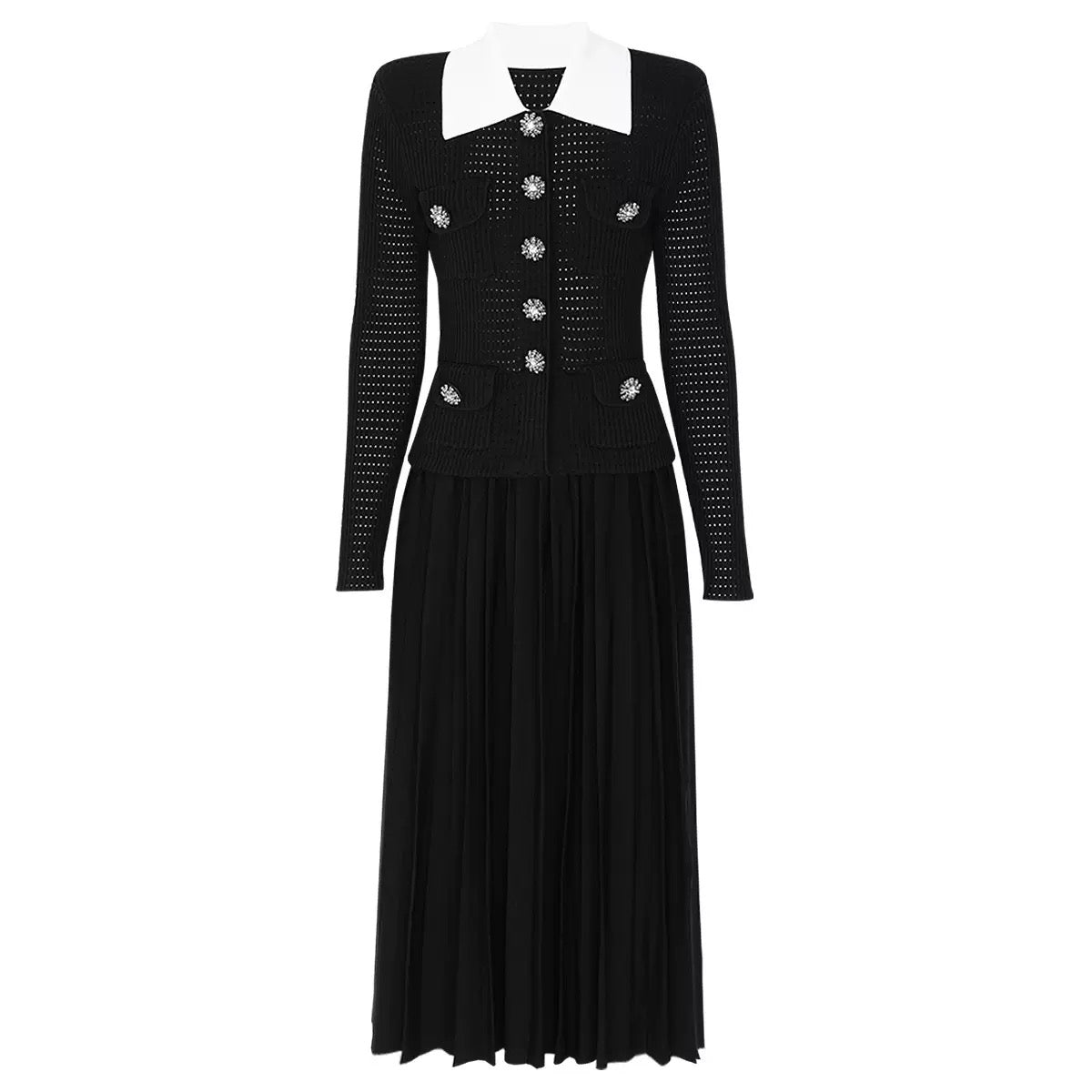 OPEN-KNIT DRESS WITH PLEATED MIDI SKIRT